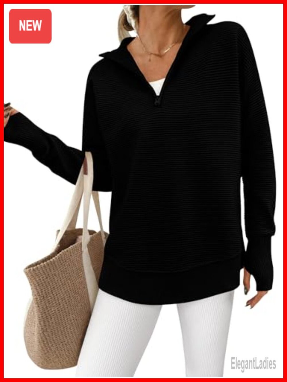 Womens Ribbed Knit Quarter Zip Pullover Sweater Loose Fit Thumb Hole